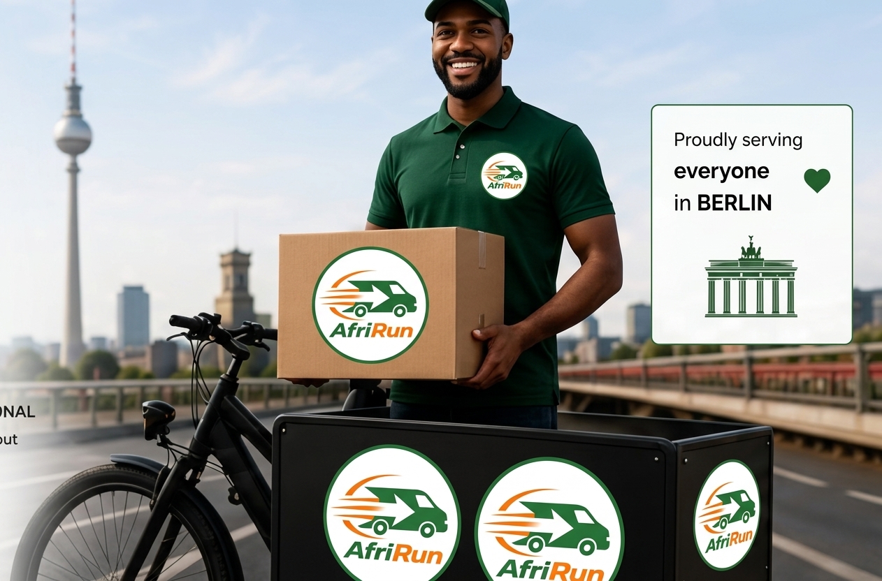 AfriRun Logistics Berlin Banner – AfriRun courier with a branded parcel and cargo bike in Berlin